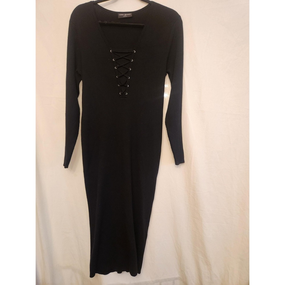 Lane Bryant Dress Wmn 18/20 Plus Size Black Lace Up V Neck Long Classic Witchy